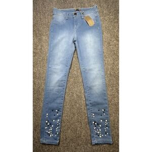 Sahara Skinny Jeans Womens 5 Blue Stretch Pearl Beaded Hem Denim Junior Pants